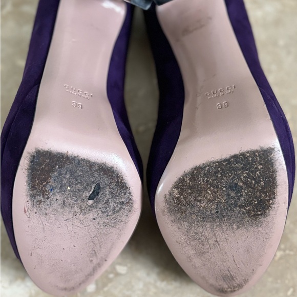 Gucci Plum Suede Leather Peep Toe Platform Heels - Picture 4 of 7